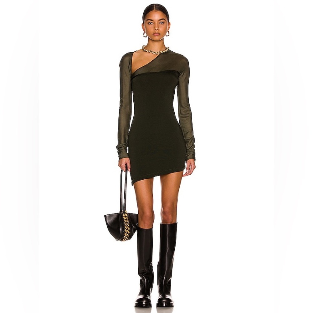 MUGLER Asymmetrical Sheer Mini Dress Military Green Size M New